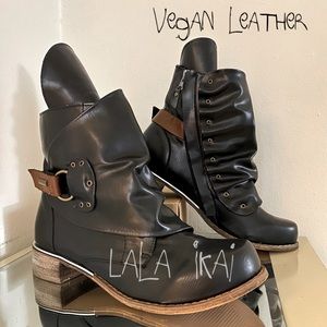 Black Vegan Leather Moto Boots with Rivets & Straps by Lala Ikai 👢